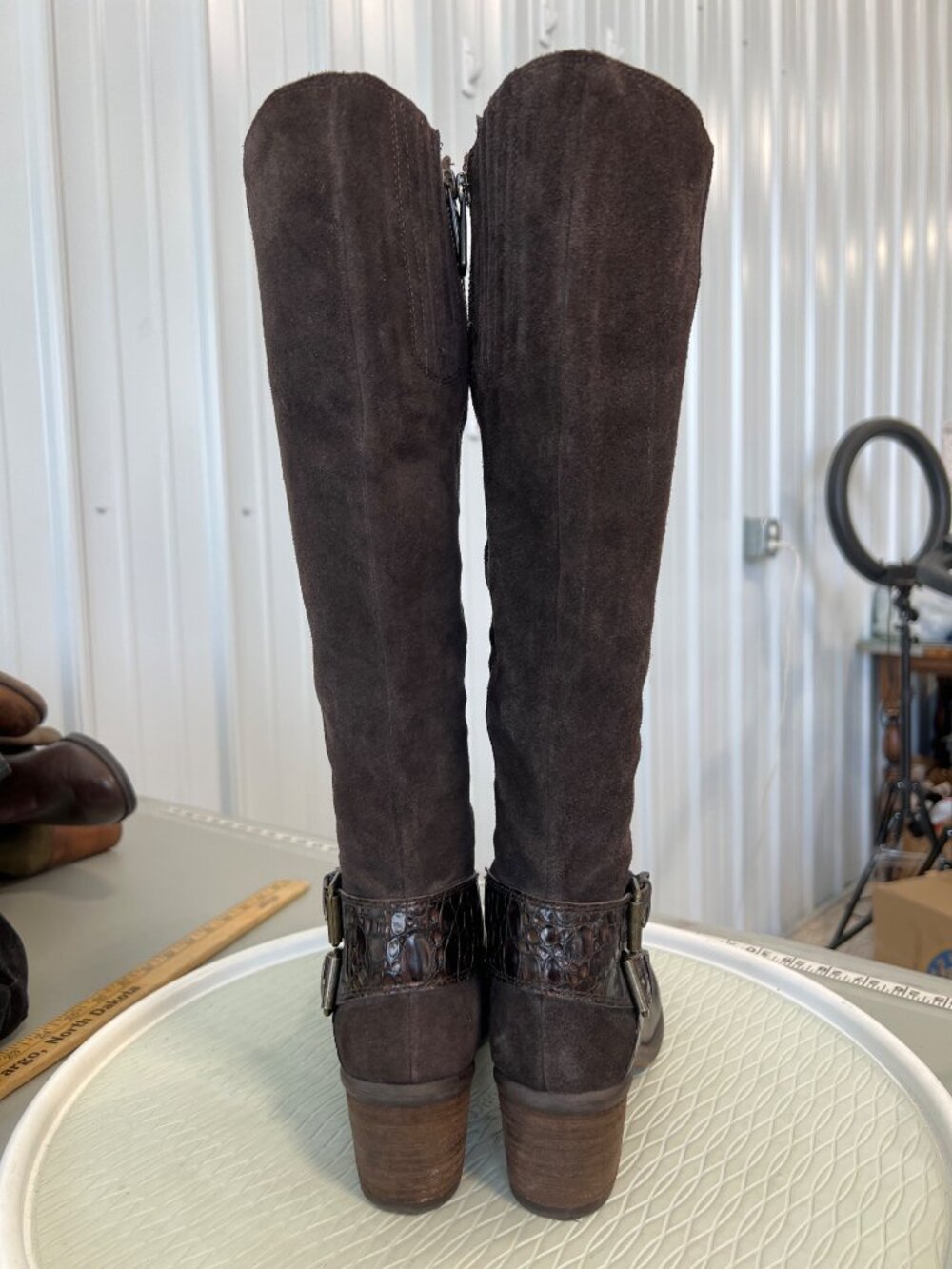 Donald J Pliner Boots Size 7 Dulce Riding Croc Embossed Dark Brown Chestnut Boho - Picture 3 of 8